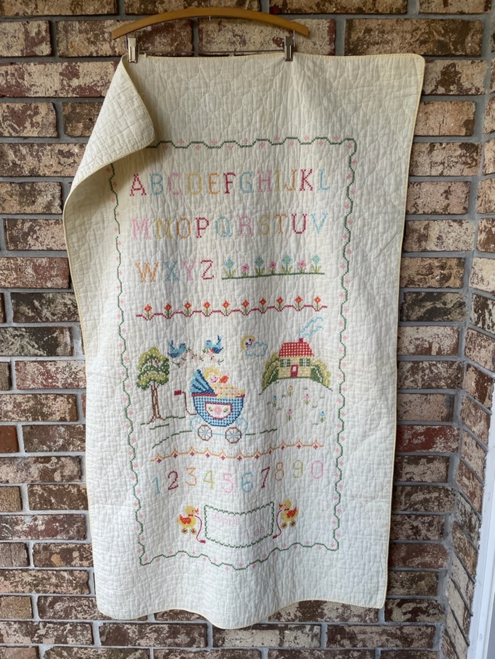 Vintage Handmade Baby Blanket Cross Stitch Lightweight 34” X 55” So sweet!